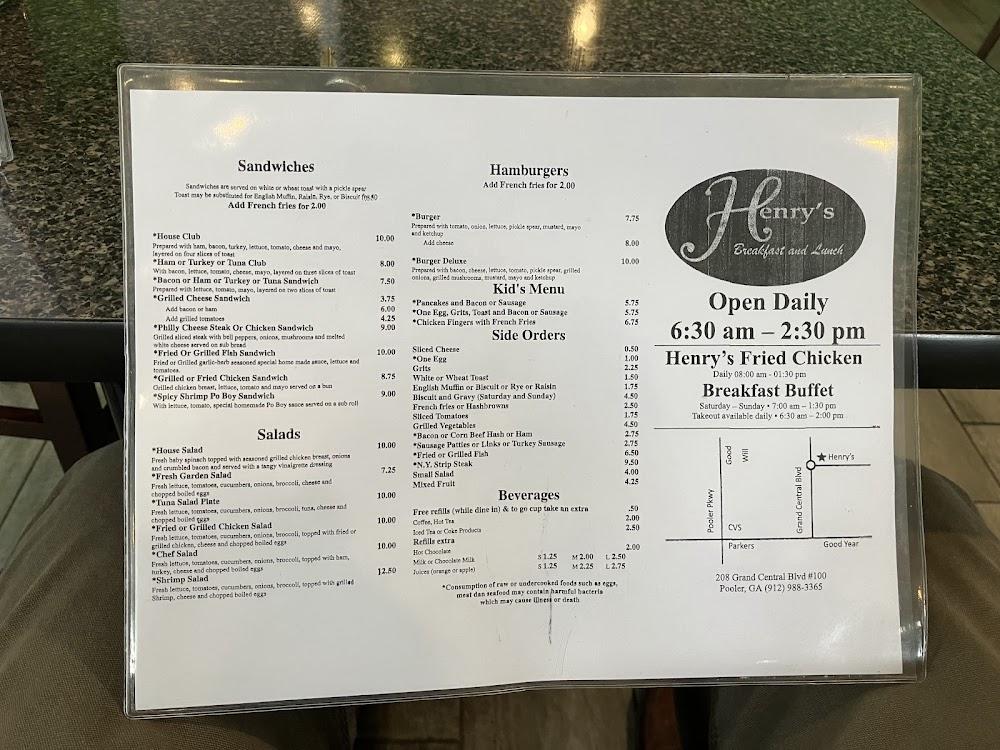 Henry's Restaurant in Pooler Menu image 2