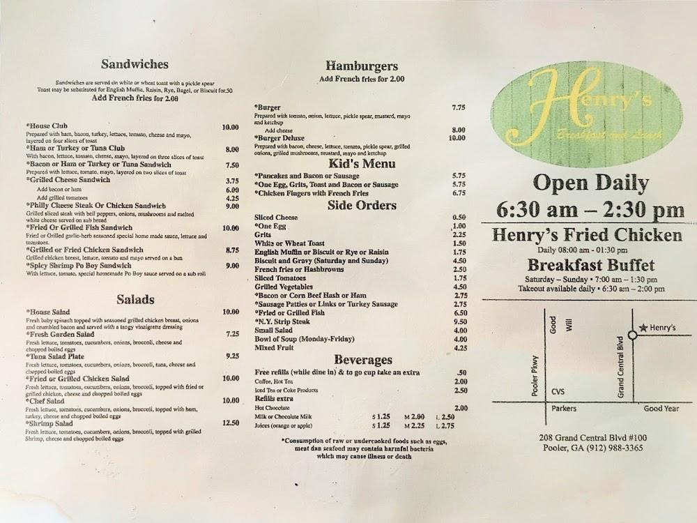 Henry's Restaurant in Pooler Menu image 3